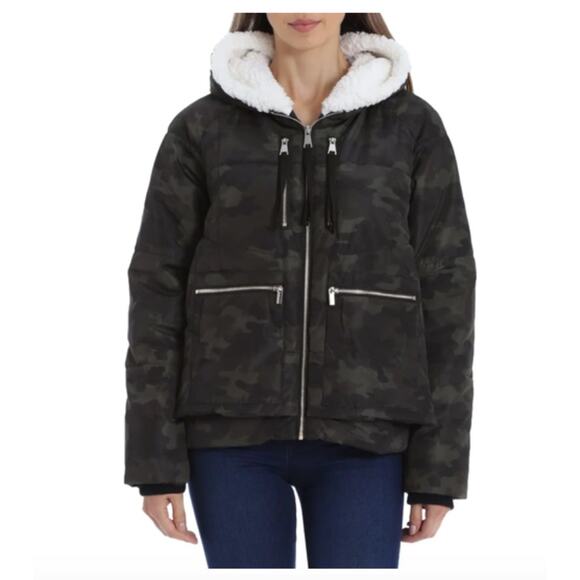 Avec Les Filles Faux Fur-lined Double-layer Puffer Jacket Olive Camo Size Small - Picture 1 of 7